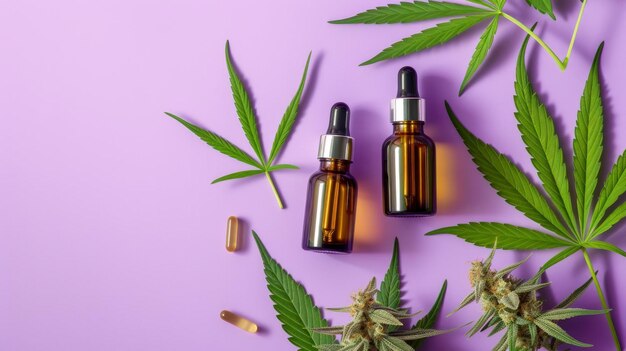 Top View CBD Oil Cannabis Mockup Publicidade de produtos cosméticos em fundo roxo pastel