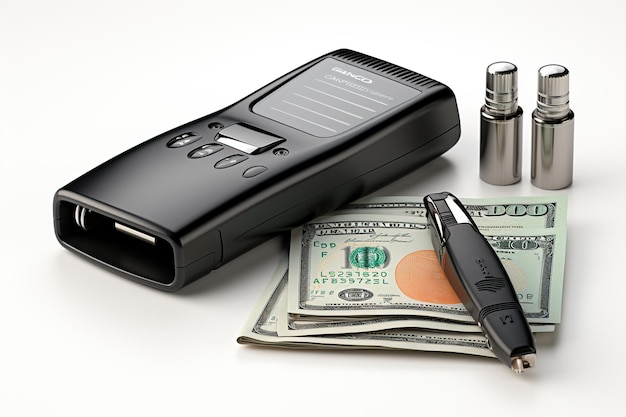Top-View der neuen schwarzen Echtlederbrieftasche mit Banknoten und Kreditkarte im Inneren