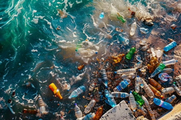 Top-View der Stadt Meerespromenade Plastikabfälle Umweltverschmutzung Schäden an dem Ökosystem.