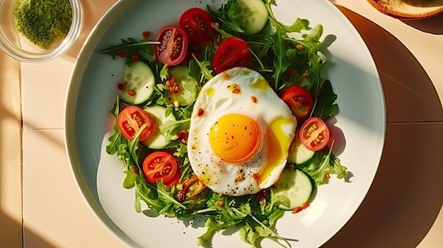 Top-View des frischen Salats mit einem gebratenen Ei in einer weißen Schüssel