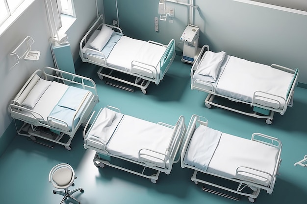 Top-View des Krankenhaus-Wachzugsraums mit Betten3d-Rendering