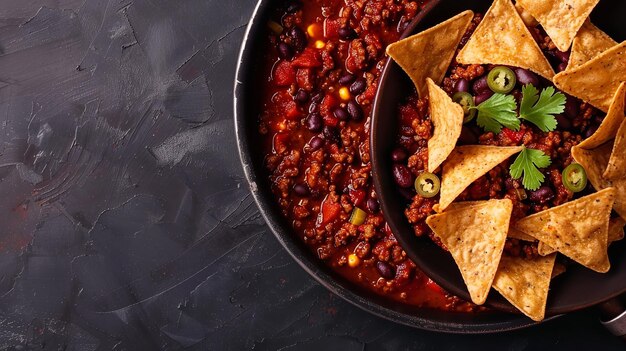 Top-View des mexikanischen Hot-Chili-Con-Kranes auf einer Pfanne mit sauberem dunklen Hintergrund mit einem großen Raum für Text oder Produkt Generative KI