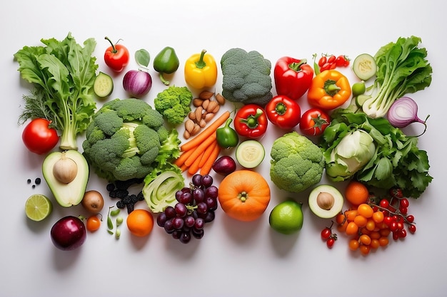 Top view diferentes vegetais com frutas em fundo branco dieta salada saúde maduro arc
