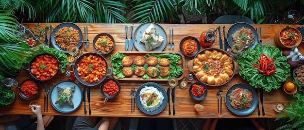 Top-View Eine glückliche Gruppe asiatischer Freunde feiert eine Dinner-Party-Feier, bei der sie zu Hause zusammen Essen und Wein teilen