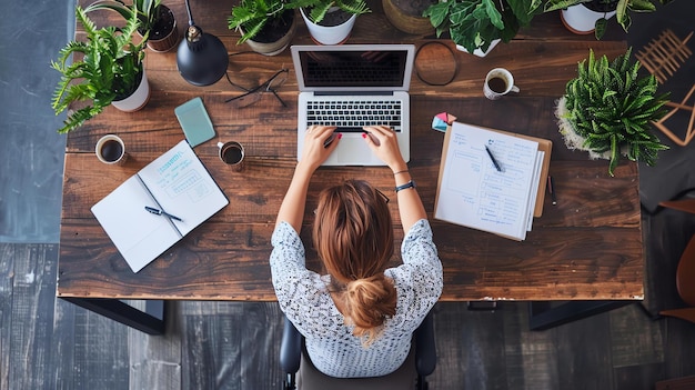 Foto top-view einer frau, die an ihrem schreibtisch arbeitet, sie benutzt einen laptop und es gibt papiere, ein notebook, eine kaffeetasse und pflanzen auf dem schreibtische