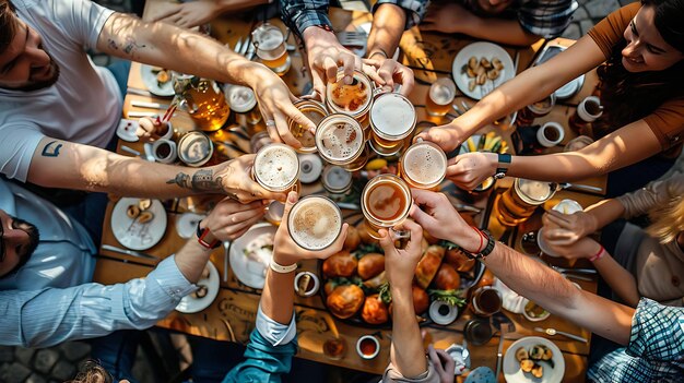 Top-View einer Gruppe von Freunden, die an einem Tisch in einem Restaurant oder Pub sitzen und mit Bierbechern und Biergläsern toasten