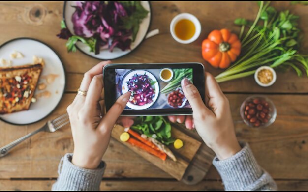 Foto top-view einer jungen frau, die ein ästhetisches foto von essen mit einem smartphone im heimstudio macht