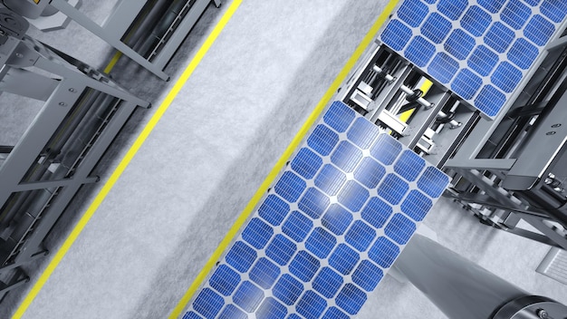 Foto top-view einer montageanlage für solarmodule, die von hightech-roboterarmen betrieben wird