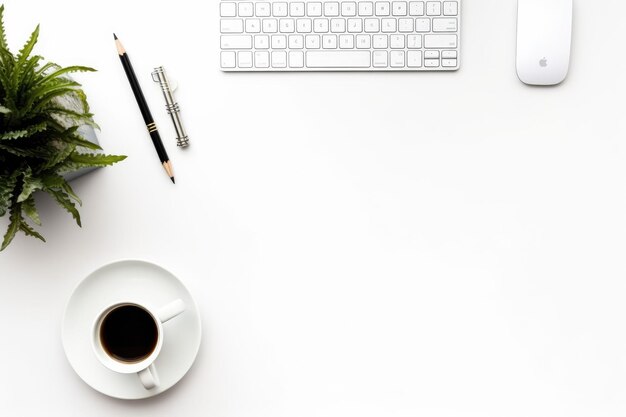 Top-View eines Bürodeskors mit Kaffeekuppe und Laptop