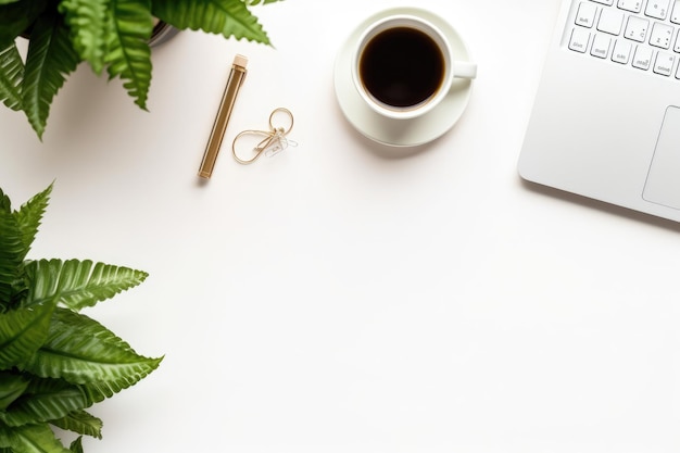 Top-View eines Bürodeskors mit Kaffeekuppe und Laptop