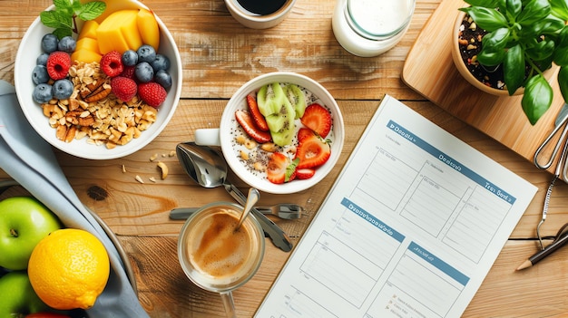 Foto top-view eines gesunden frühstücks mit muesli, joghurt, obst und kaffee auf einem holztisch der hintergrund ist ein notizbuch und eine pflanze
