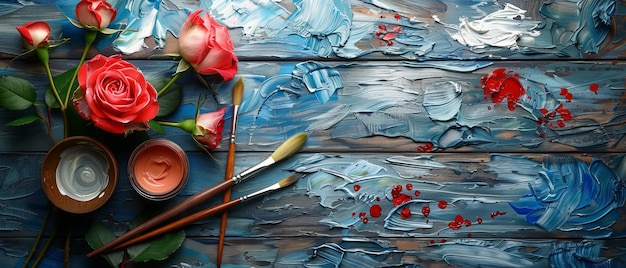 Top-View eines Holzbretts mit Staffeln, Pinsel, Rosen und Farben Flachdesign