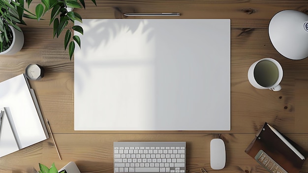 Top-View eines Holztisches mit einem leeren Blatt Papier, einer Tastatur, einer Maus, einer Tasse Kaffee, einer Pflanze, einem Notizbuch, einem Stift und einem Bleistift
