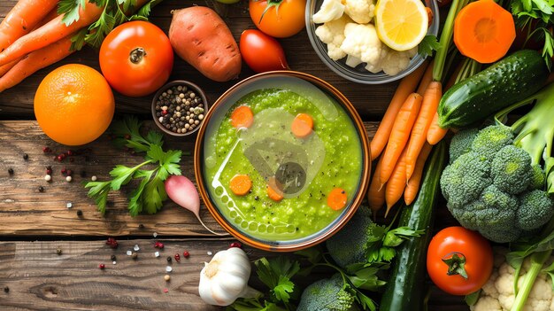 Top-View eines rustikalen Holztisches voller frisches Bio-Gemüse und einer Schüssel grüner Gemüsesuppe Gesundes Esskonzept