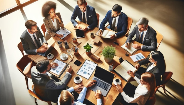 Top-View eines vielfältigen Geschäftsteams, das sich aktiv an einer strategischen Planungssitzung um einen Konferenztisch mit Dokumenten und Laptops beteiligt