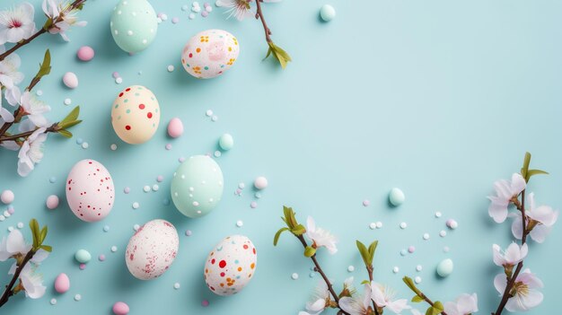 Foto top-view-flat-lay-foto von osterdekorationen, bemalten pastelleiern, frühlingsblüten auf blauem hintergrund