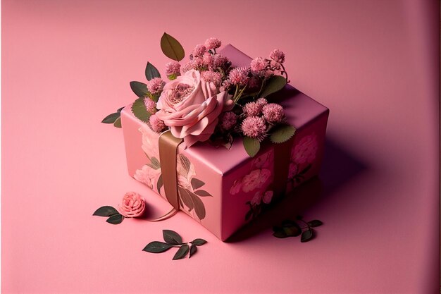 Top view foto de elegante caixa de presente rosa e vermelha com laço de fita e flores Generative AI