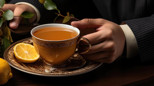Top-View-Foto eines Mannes mit 39 Jahren in einer braunen Jacke, der eine Tasse Tee in einem weißen Glas mit einer Zitronenscheibe berührt