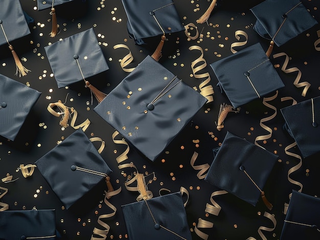 Foto top-view-foto mit abschlusskappen mit goldenen bändern konfetti auf schwarzer oberfläche