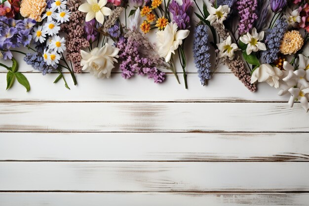 Top-View-Foto von Garden Flowers and Plants auf isolierter weißer Holztafel-Hintergrund