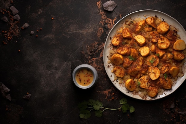 Top view frango cozido picado com batatas em superfície escura