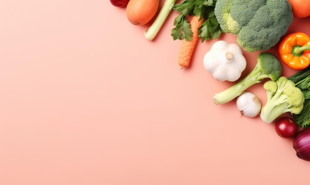 Top-View Gemüse auf rosa Hintergrund Kopierraum Kochzutat Karotte Tomaten Gurke Pfeffer Brokkoli Zwiebel Vegetarische Bio-Lebensmittel-Banner Erstellt mit generativen KI-Tools