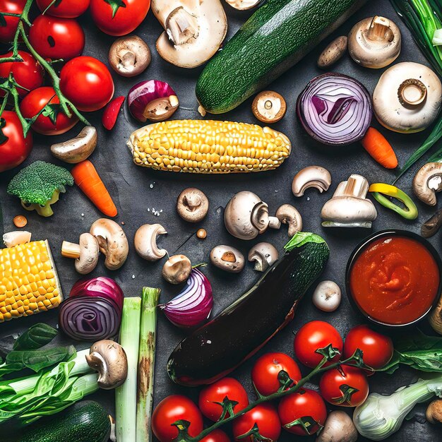 Top-View Gemüse Zutaten zum Kochen vegetarischer Grillgerichte Top-Vision