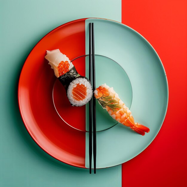 Top-View Haute Couture-Werbefotografie für ein japanisches Sushi-Restaurant Minimalkomposition