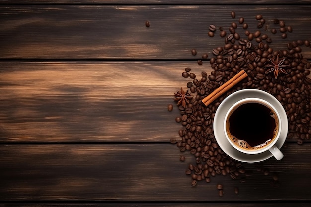 Top-View heißer Espresso zusammen mit braunen Kaffeesamen und Zimt auf dem hölzernen braunen Boden