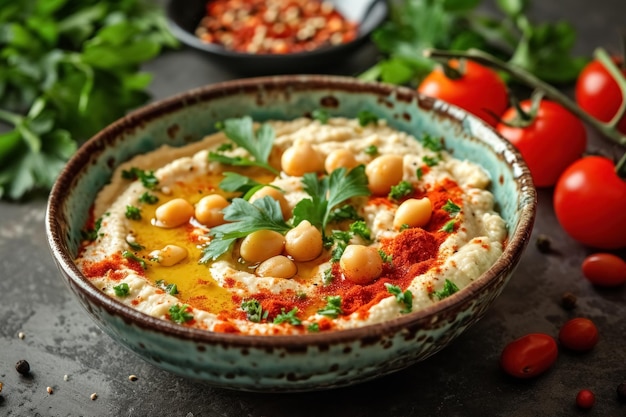 Top view hummus de grão-de-bico caseiro em tigela azul páprica azeite e vegetação em fundo cinza