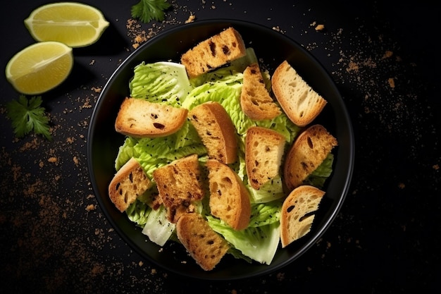 Top-View lecker Caesar-Salat mit kleinen Rüben und Gewürzen auf dem dunklen Schreibtisch