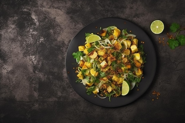 Top-View lecker Caesar-Salat mit kleinen Rüben und Gewürzen auf dem dunklen Schreibtisch