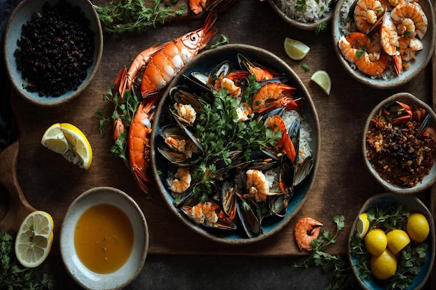 Top-View lecker gekochtes Meeresfrüchte-Teller Gemüse und Besteck auf einem dunklen Tisch