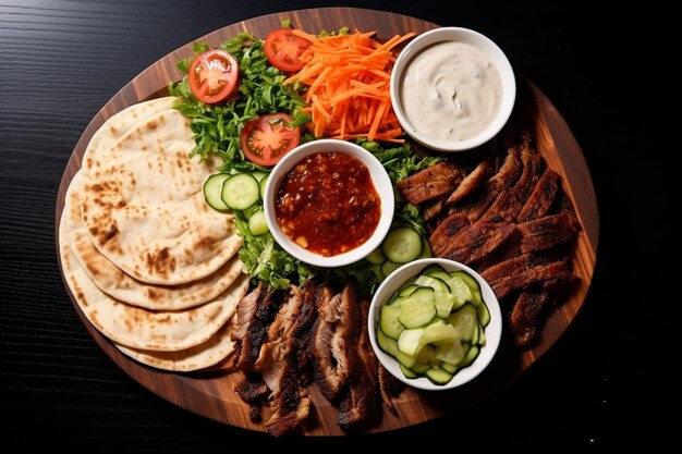 Top view lula kebab em pão pita com cebolas tomate e molhos no tabuleiro