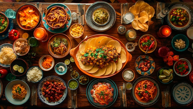 Top-View mexikanisches Essen auf farbenfrohem Tisch