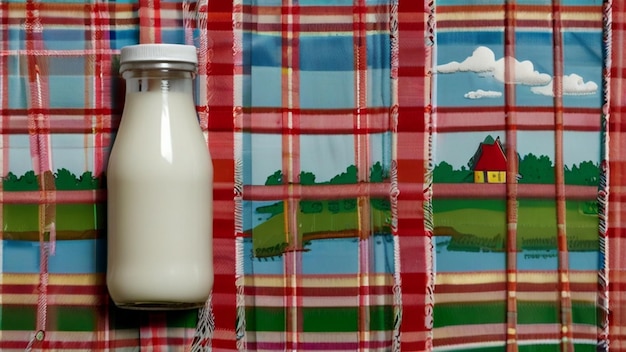 Top-View-Milchflasche mit Milchbecher auf weißem Holz- und Picknicktuch-Hintergrund