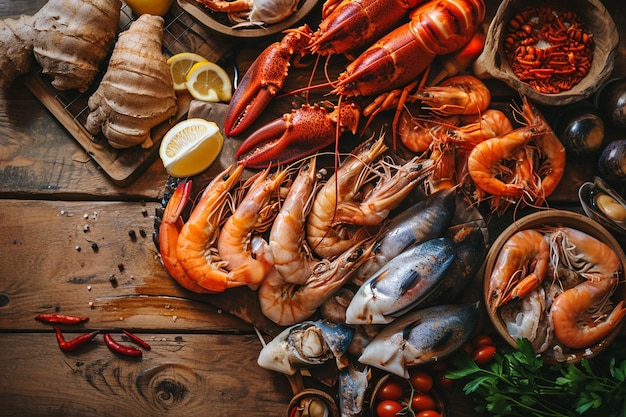 Top-View Mischung von köstlichen Meeresfrüchten auf dem Tisch