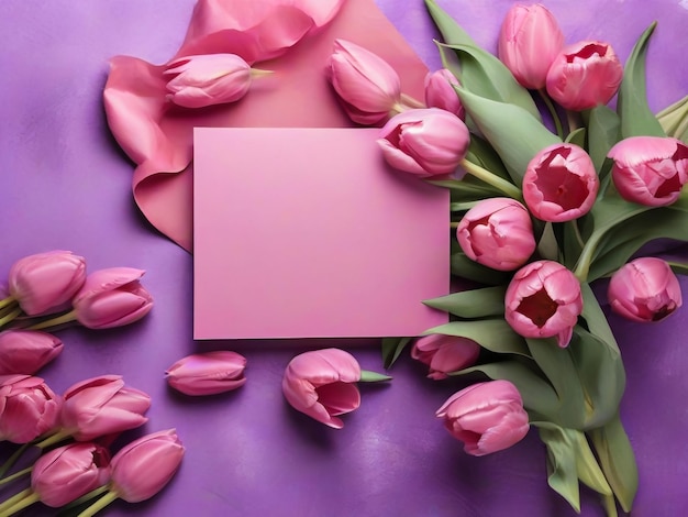 Top view mockup de cartão vazio com flores de tulipas cor-de-rosa em envolta de papel violeta con fundo festivo