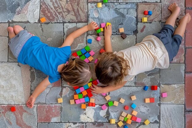 Foto top-view nicht-binäre kinder spielen mit einem farbenfrohen