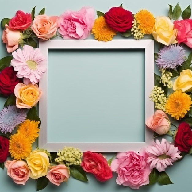 Foto top view of colorful flowers with a blank frame