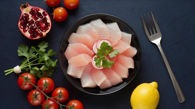 Top view peixe cru tomates rabaneta salsa romã em pequena tigela de limão na mesa da cozinha