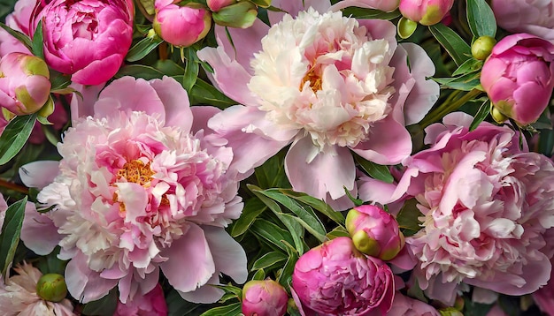 Top-View-Pioenen-Hintergrund Pastellrosa Pioenenblüten im Sommergarten Blütenblumen