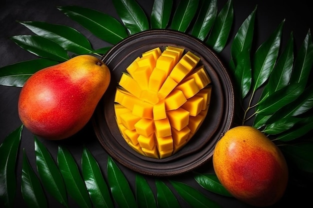 Foto top-view reife saftige ganze und scheibe exotischer mango mit blättern auf holzbrett