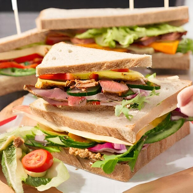 Top-View-Schinken-Sandwiches mit frischen roten Tomaten und Tomatenpaste auf dunkler Oberfläche