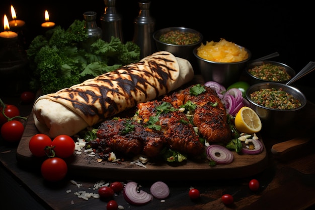 Top-View schmackhafter Hühnerkebab auf einem hölzernen Servierbord und andere Sachen auf dem Tisch
