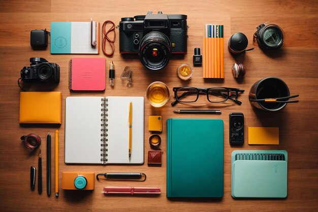 Foto top-view-schreibtisch mit büromaterial