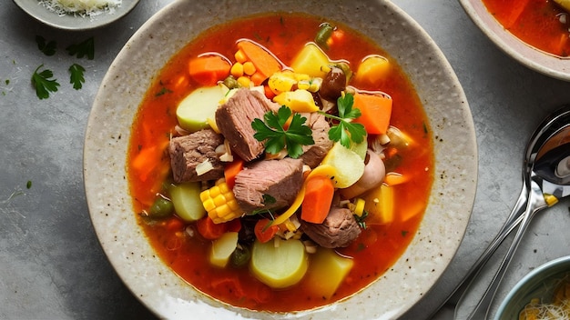 Top view sopa de vegetais com carne dentro de um prato em cinza