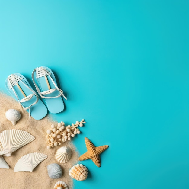 Top-View-Strandaccessoires blauer Sommer-Hintergrund Hochwertiges künstlich erzeugtes Bild auf weißem Hintergrund