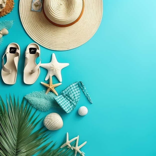 Top-View-Strandaccessoires blauer Sommer-Hintergrund Hochwertiges künstlich erzeugtes Bild auf weißem Hintergrund