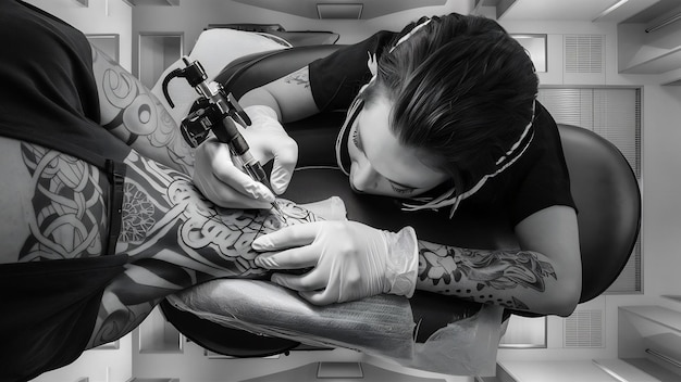 Top-View-Tattoo-Künstler mit Handschuhen